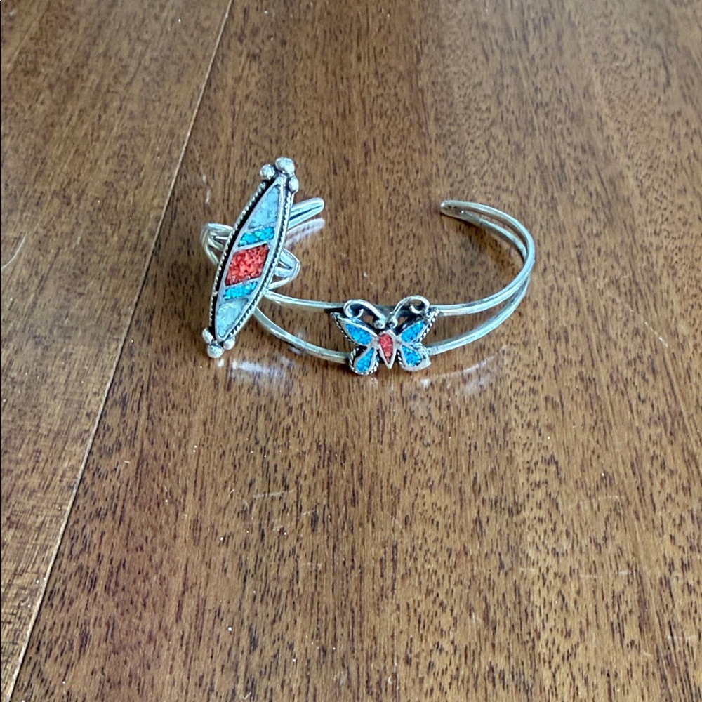 Vintage Native American Cuff Bracelet and Ring with Turquoise and Coral Inlays